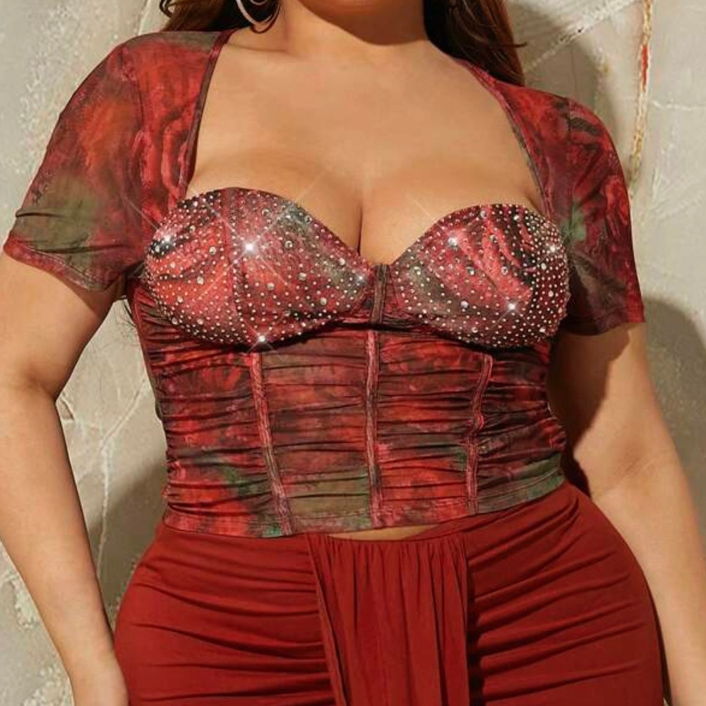 SHEIN SXY Plus Floral Print Ruched Bustier Mesh Top 3XL - Picture 2 of 5